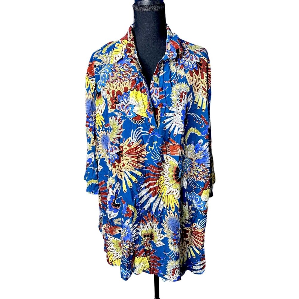 Womens Multicolor Tunic Top 3XL NWOT Peacock Botanical Patterned Vibrant Beachy